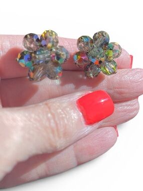 Vintage Austria Aurora Borealis Crystal Clip-On Earrings Faceted Floral Cluster